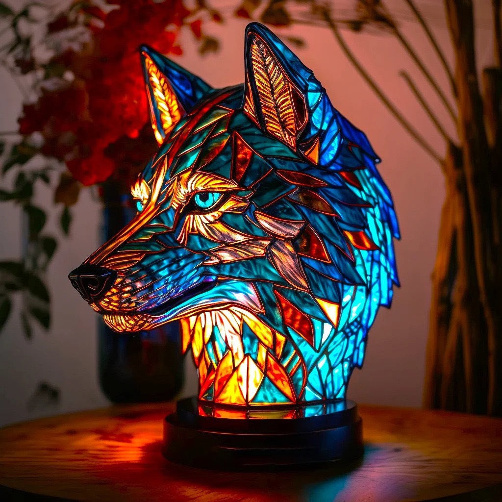 ARION | Lámpara de Cristal de Colores con Motivo de Lobo