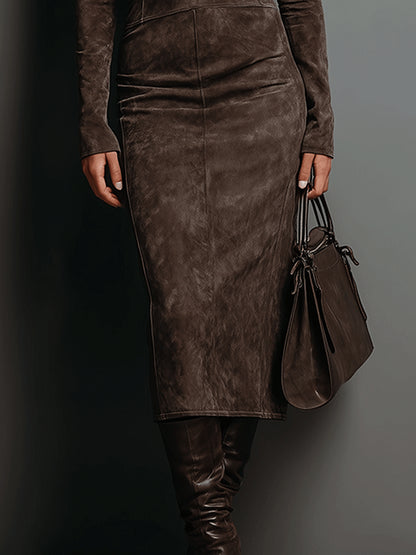 LIA | Vestido midi de ante con cuello alto