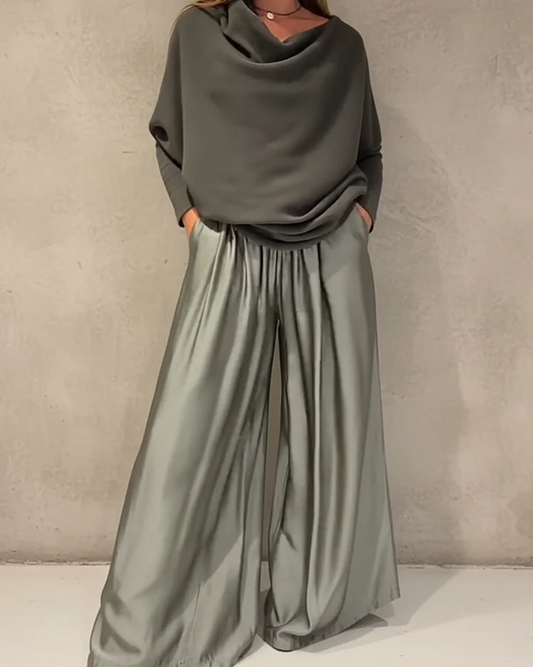 ILANA | Conjunto fluido con top drapeado y pantalón ancho